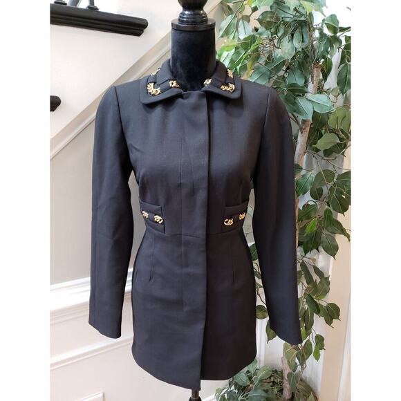 Per Se Womens Black Wool Blend Gold Metal Chain Trim Slim Cut Coat Size 4 - Picture 1 of 13
